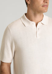 Linen Blend Knit Polo for Tall Men in White Sand