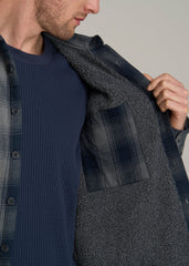 LJ&S Sherpa-Lined Shirt Jacket for Tall Men in Midnight Navy & Medium Grey Plaid