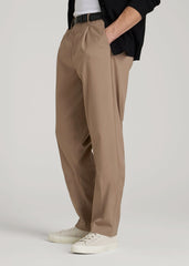 Relaxed Pleated Trousers for Tall Men in Dark Sand