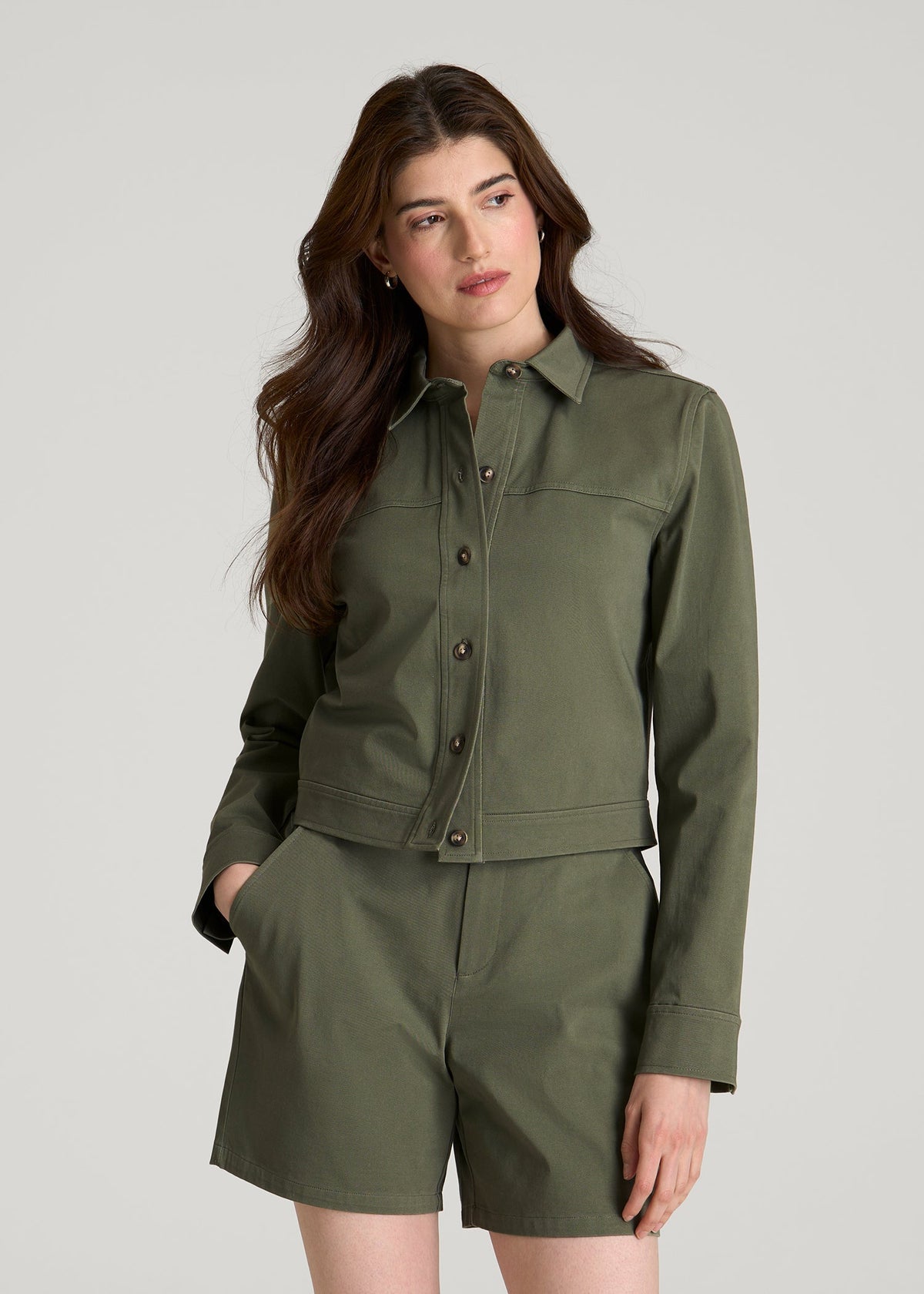 Stretch Commuter Military Cropped Cargo Jacket for Tall Women in Olive