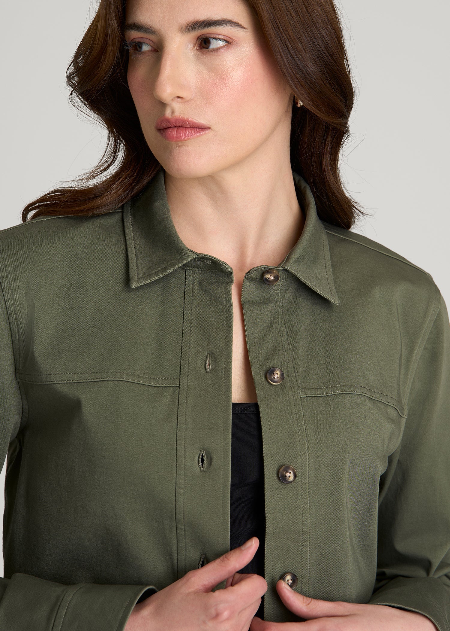 Stretch Commuter Military Cropped Cargo Jacket for Tall Women in Olive