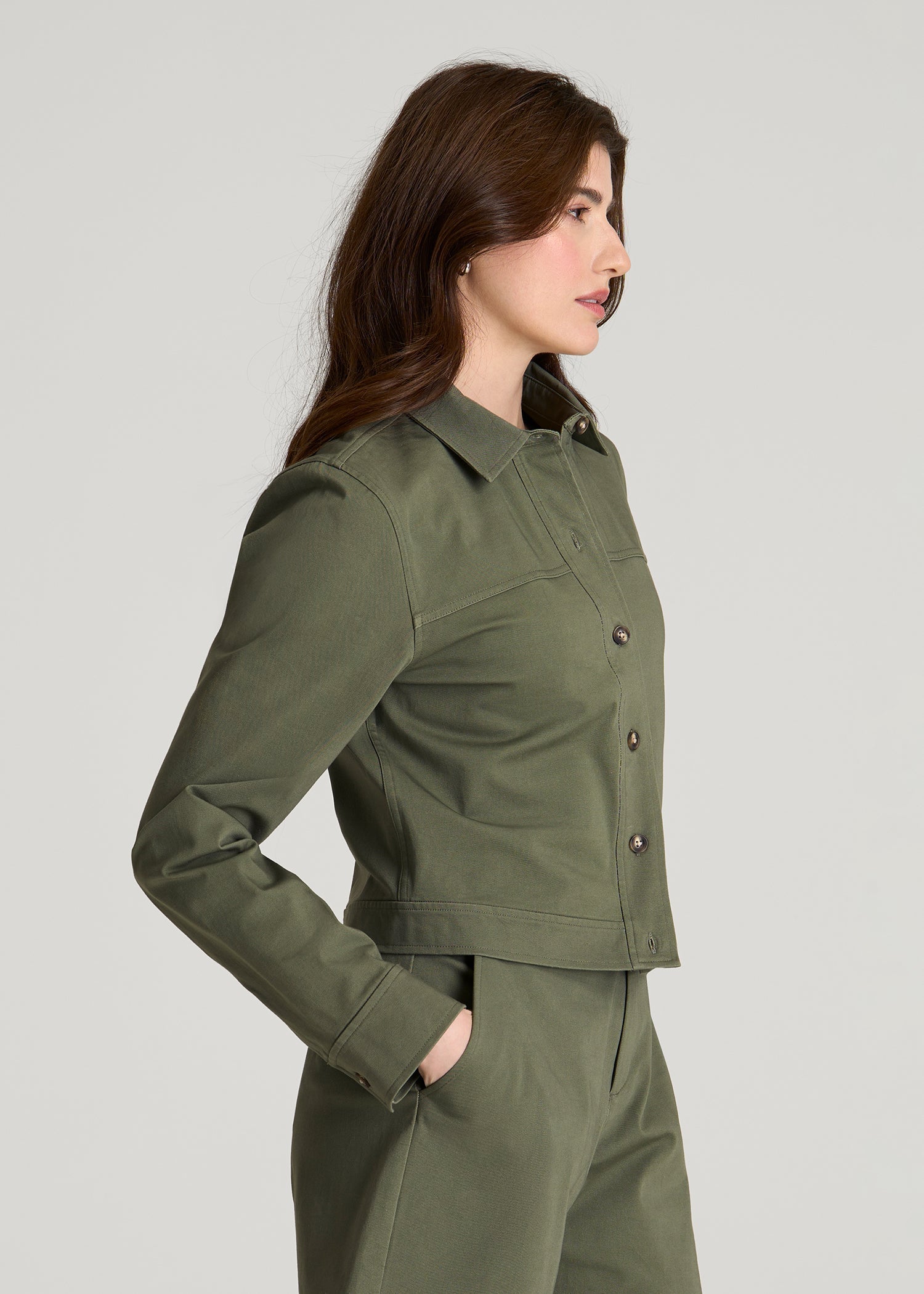 Stretch Commuter Military Cropped Cargo Jacket for Tall Women in Olive