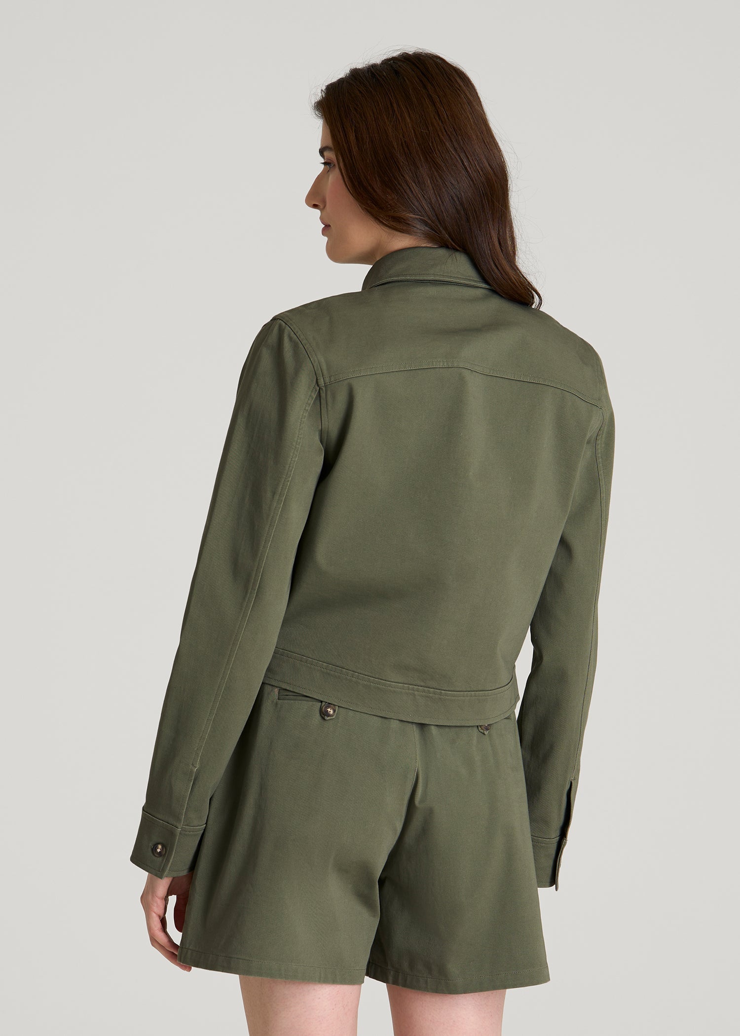 Stretch Commuter Military Cropped Cargo Jacket for Tall Women in Olive