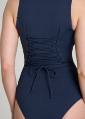 Quarter Zip Cinched One Piece Swimsuit for Tall Women in Navy Blue