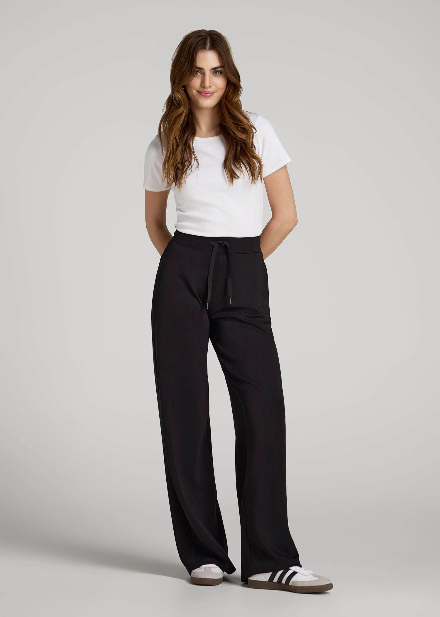 Pull-On Tie Waist Wide Leg Pants for Tall Women in Black