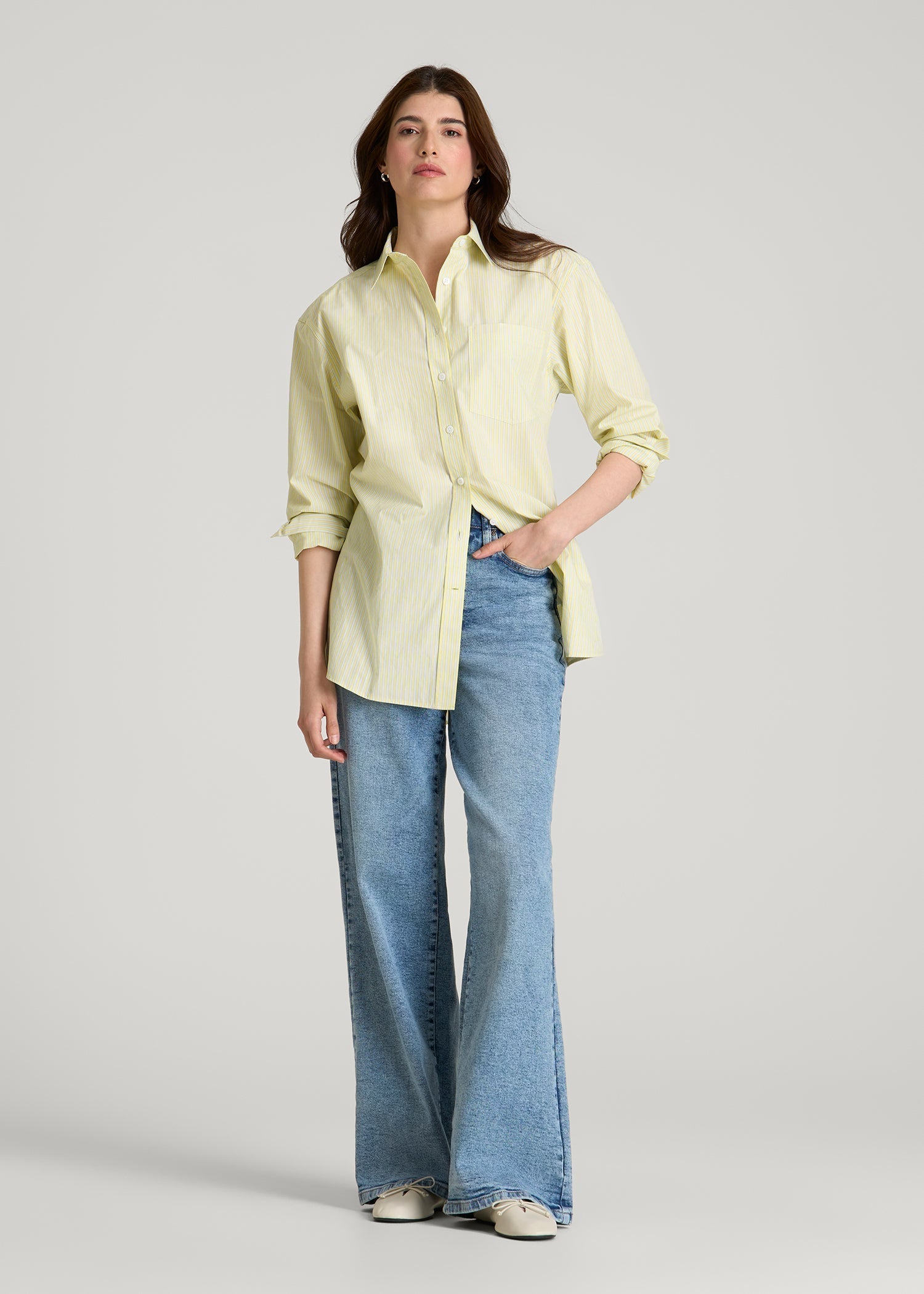 Oversized Poplin Button Shirt for Tall Women in Lemon Drop Stripe