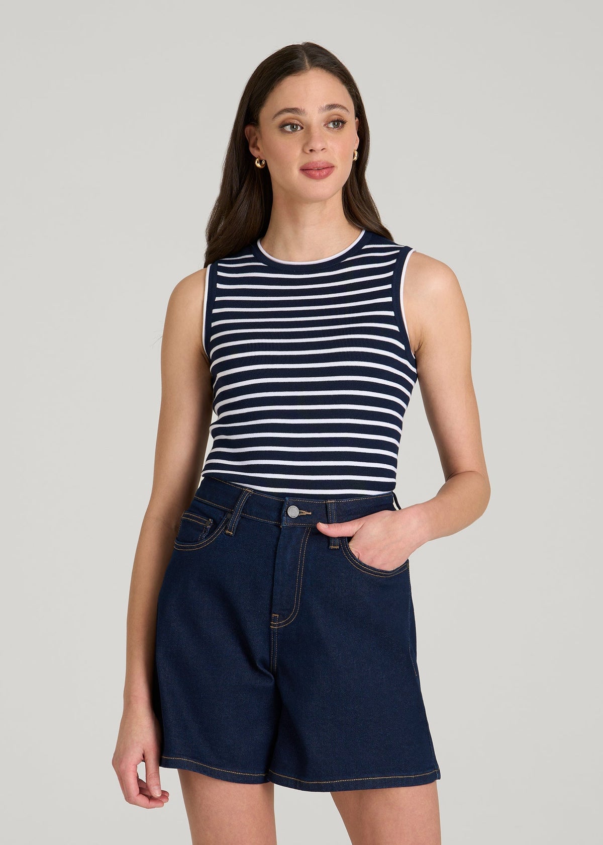 Sleeveless Knit Top for Tall Women in Bold Navy Stripe