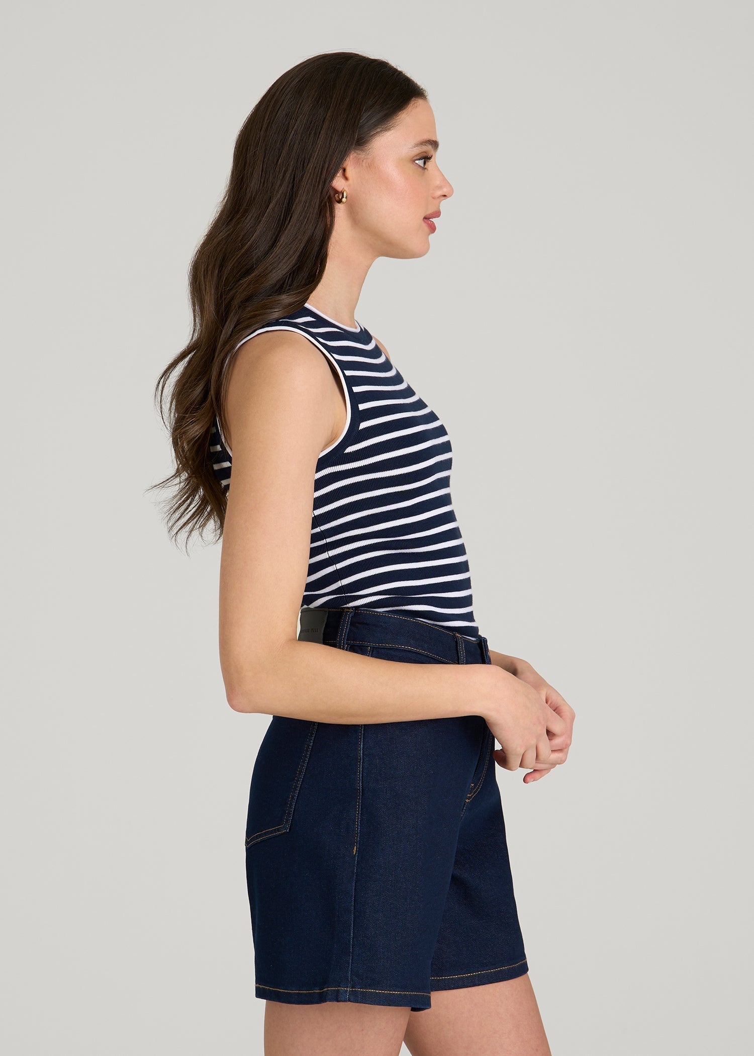 Sleeveless Knit Top for Tall Women in Bold Navy Stripe