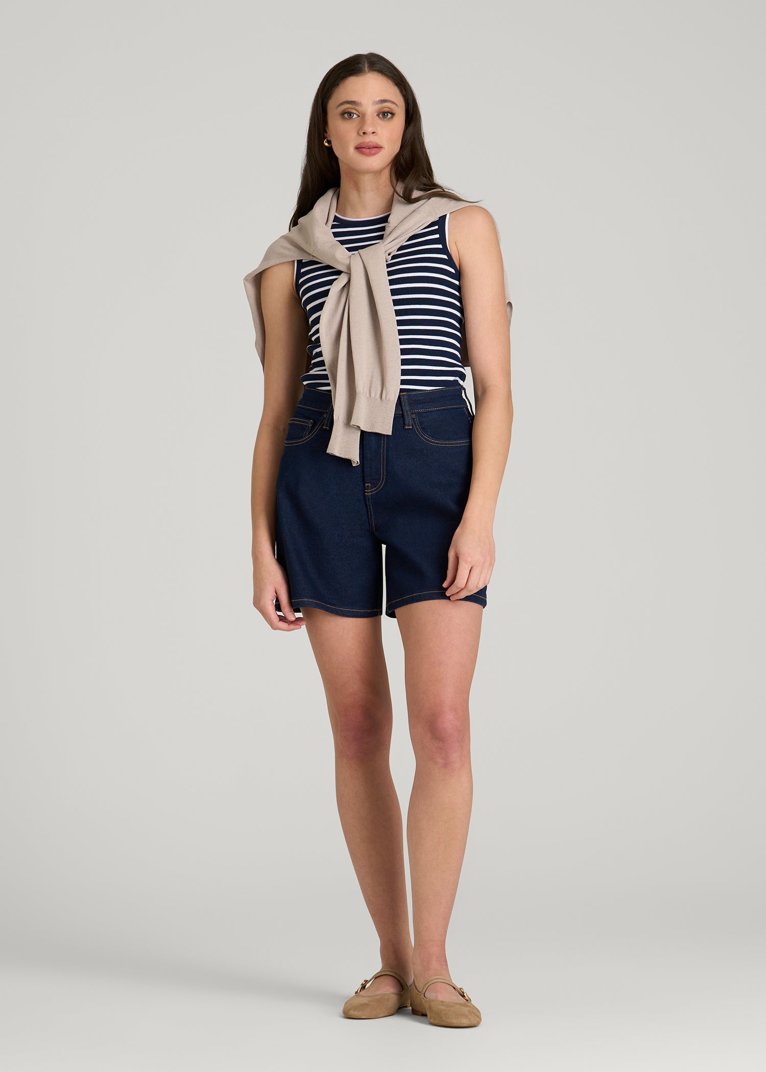 Sleeveless Knit Top for Tall Women in Bold Navy Stripe