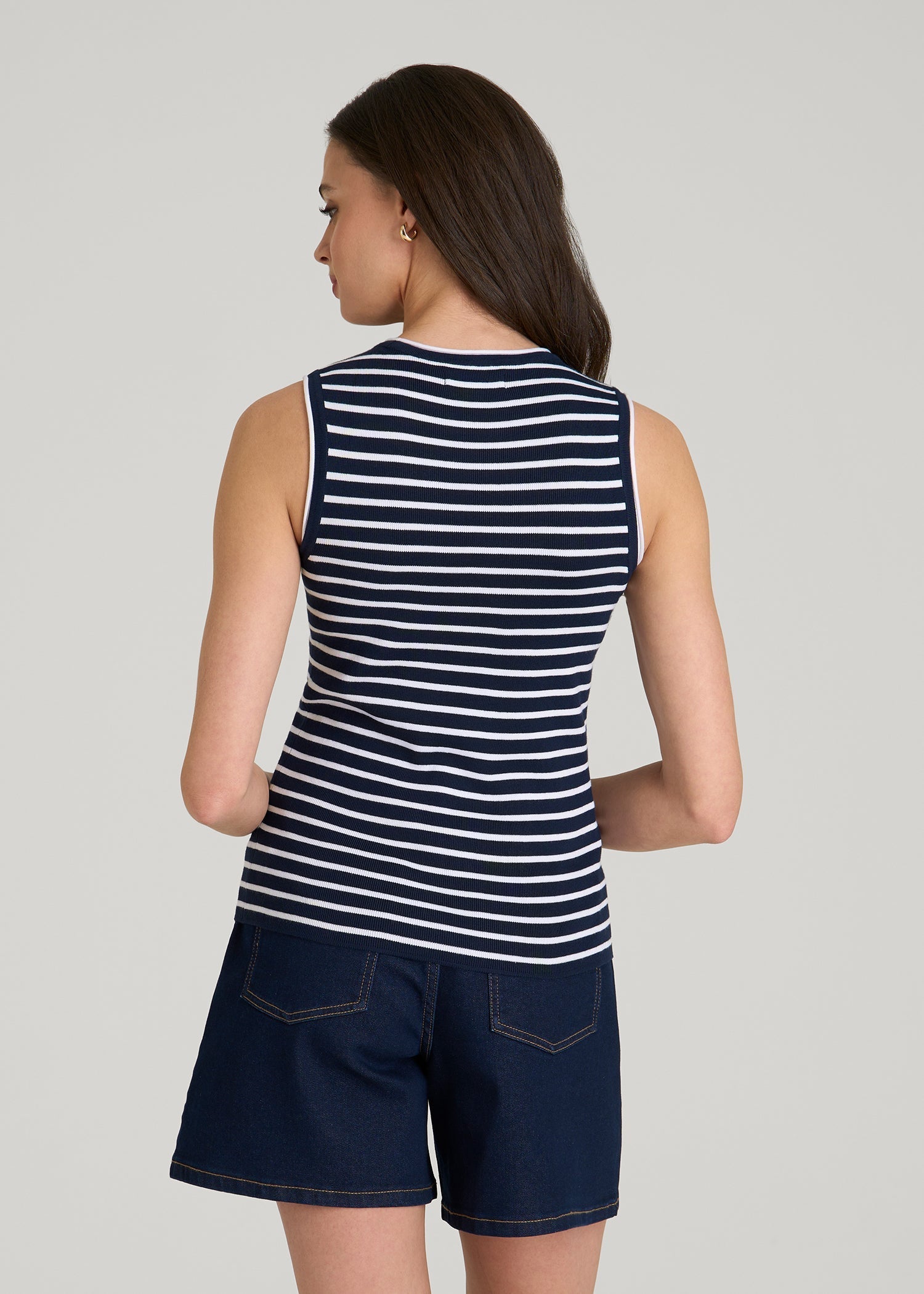 Sleeveless Knit Top for Tall Women in Bold Navy Stripe