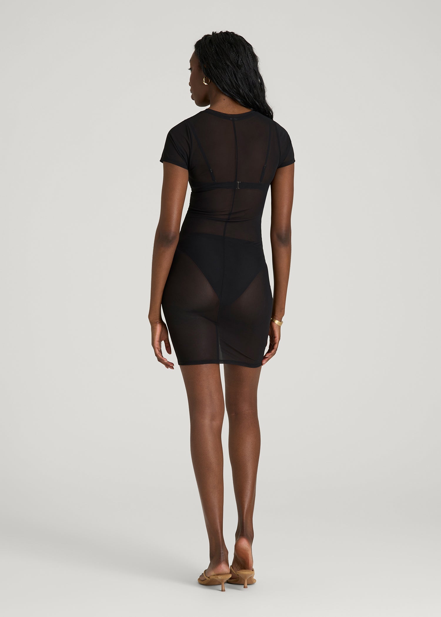 Power Mesh Fitted Short Sleeve Mini Dress for Tall Women in Deep Black