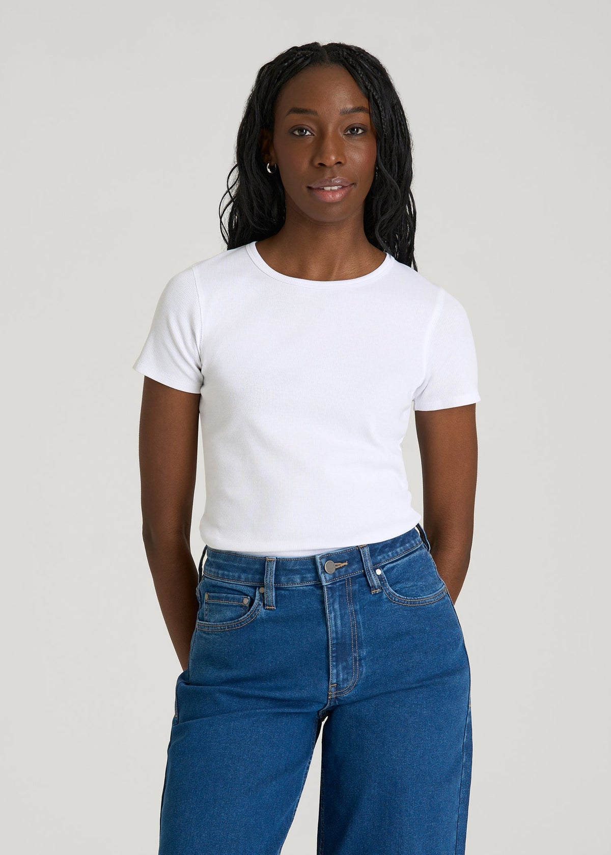 Short Sleeve Ribbed Crewneck T-Shirt for Tall Women in Optic White