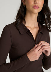 Ribbed Knit Long Sleeve Polo for Tall Women in Espresso