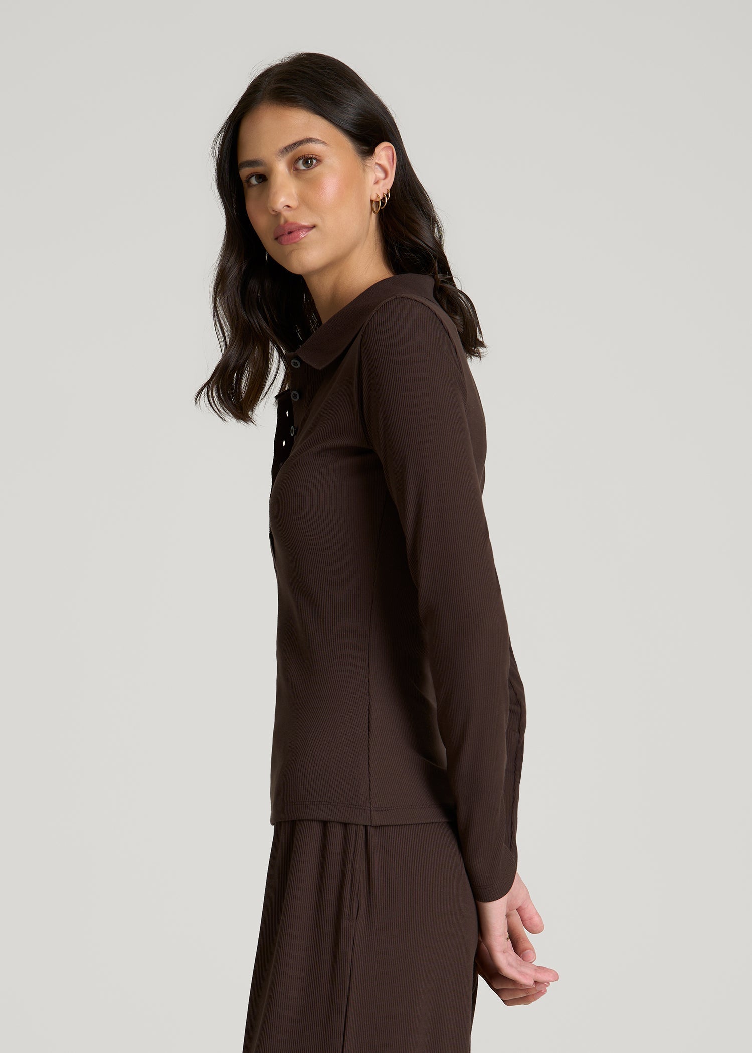 Ribbed Knit Long Sleeve Polo for Tall Women in Espresso