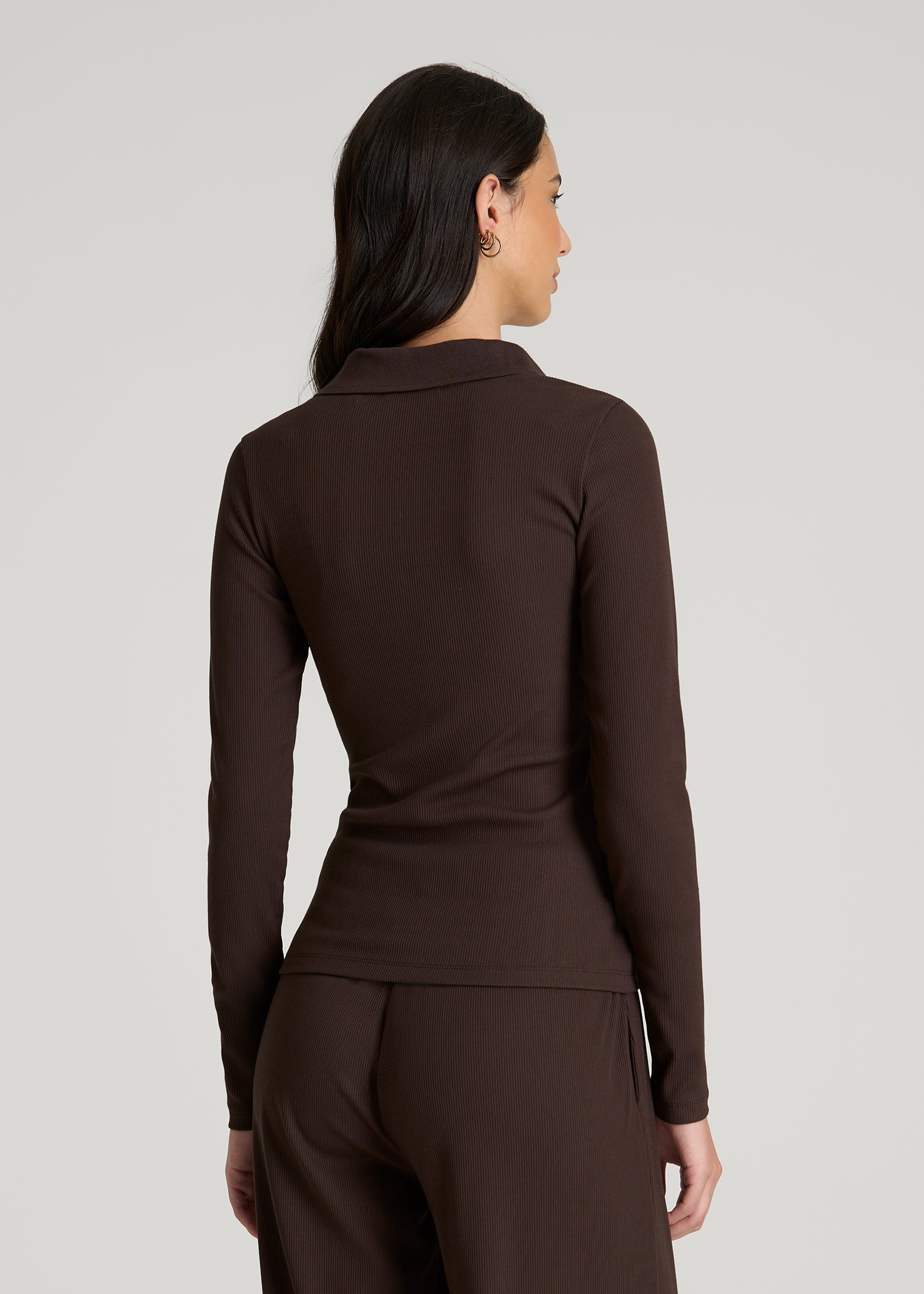 Ribbed Knit Long Sleeve Polo for Tall Women in Espresso