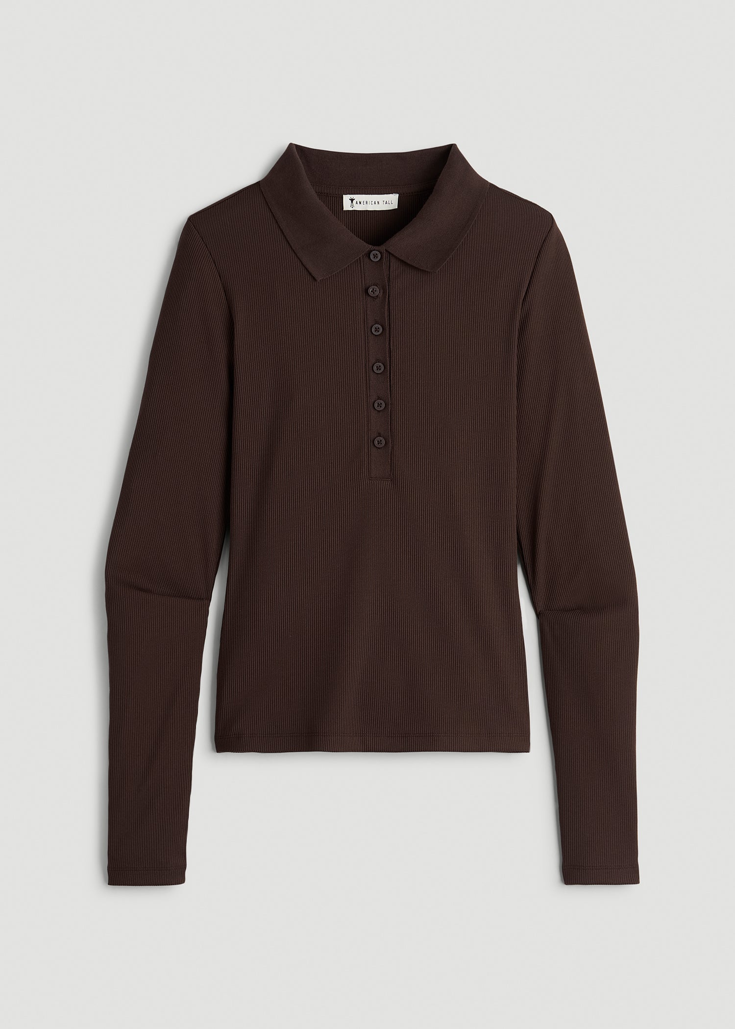Ribbed Knit Long Sleeve Polo for Tall Women in Espresso