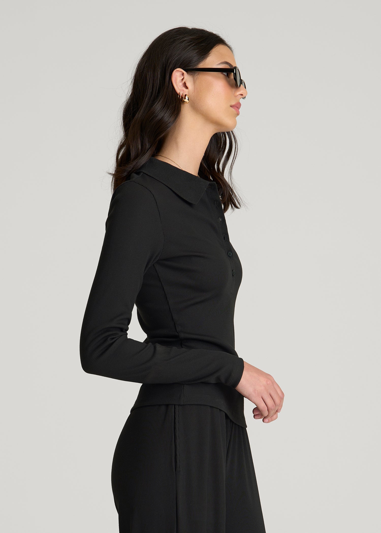 Ribbed Knit Long Sleeve Polo for Tall Women in Deep Black