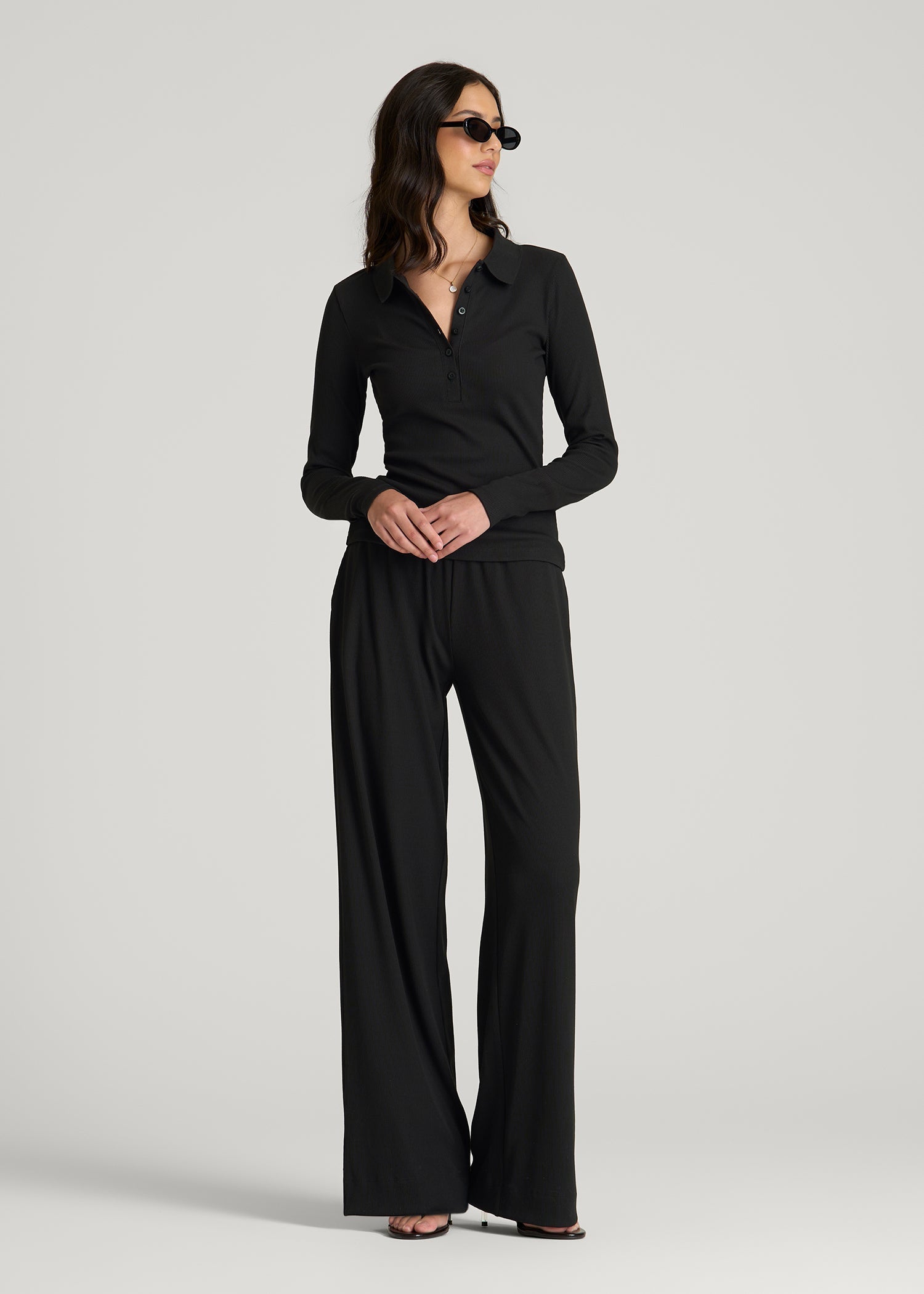 Ribbed Knit Long Sleeve Polo for Tall Women in Deep Black