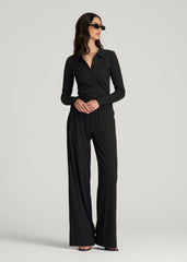 Ribbed Knit Long Sleeve Polo for Tall Women in Deep Black
