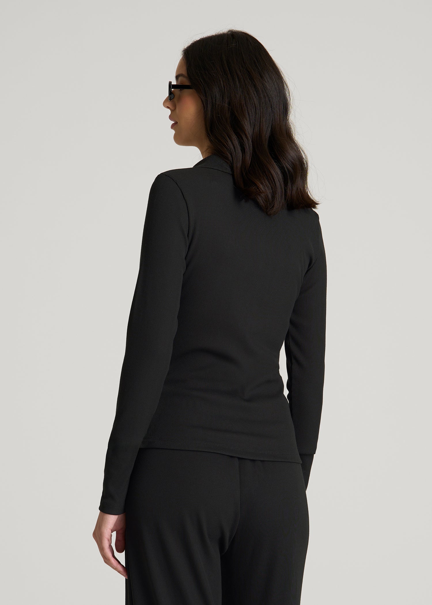 Ribbed Knit Long Sleeve Polo for Tall Women in Deep Black