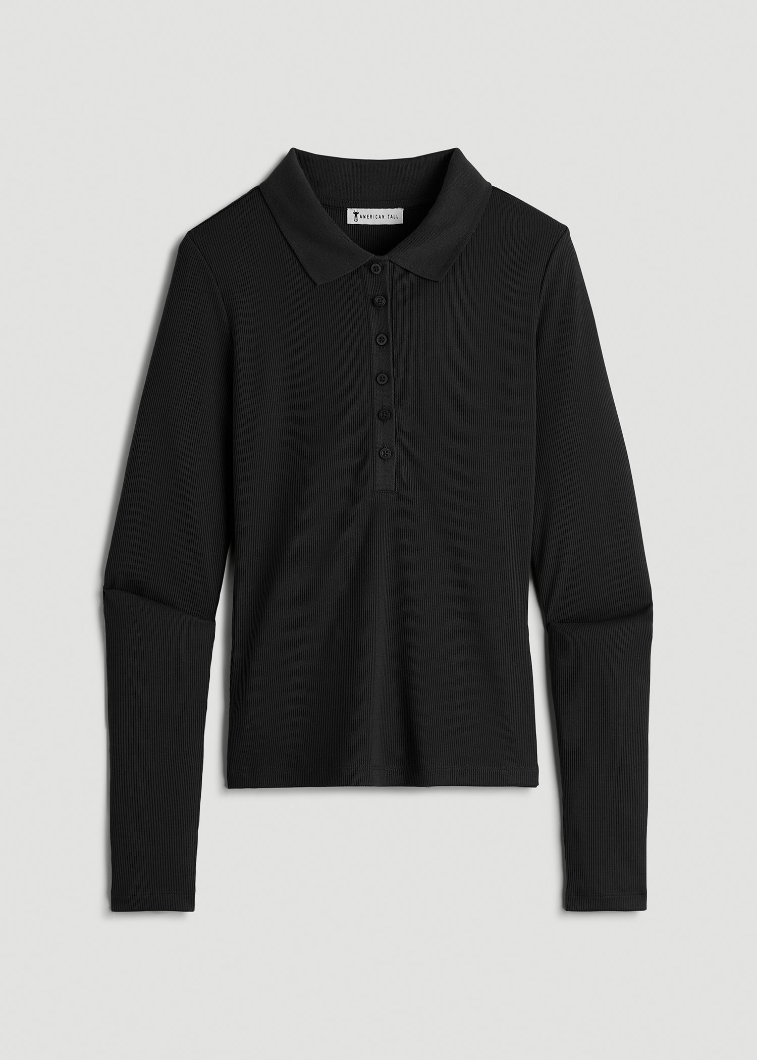 Ribbed Knit Long Sleeve Polo for Tall Women in Deep Black