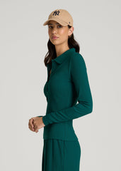 Ribbed Knit Long Sleeve Polo for Tall Women in Deep Teal