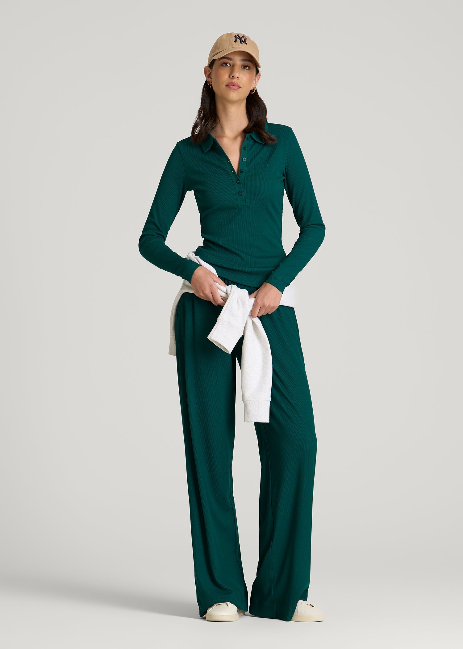 Ribbed Knit Long Sleeve Polo for Tall Women in Deep Teal