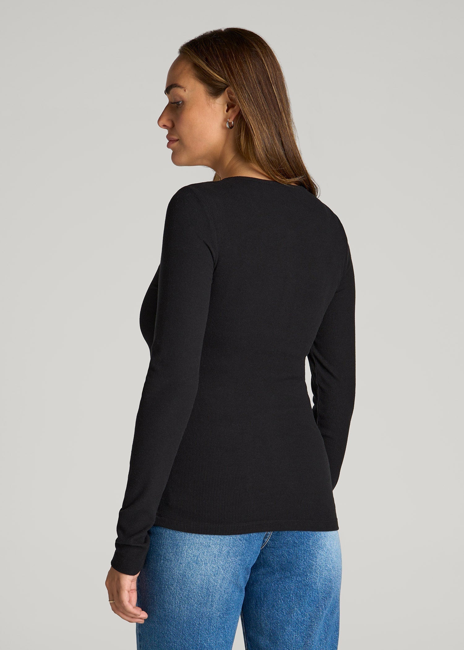 Long Sleeve Ribbed Crewneck Henley Shirt for Tall Women in Black