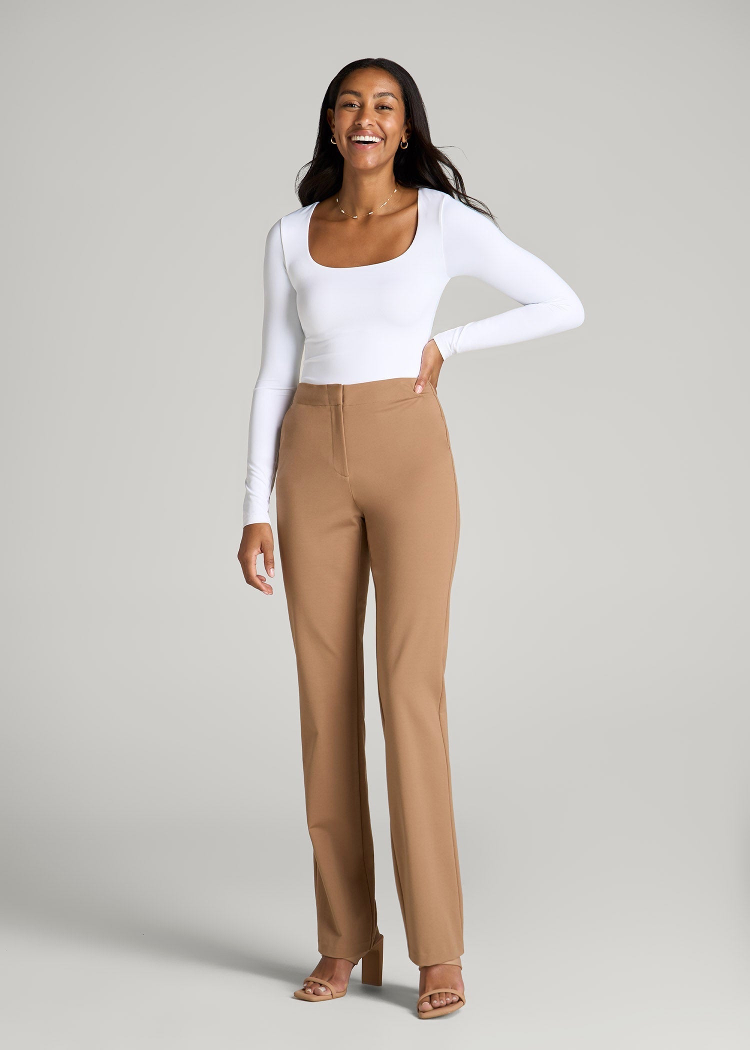 Long Sleeve Square Neck Bodysuit for Tall Women in Bright White