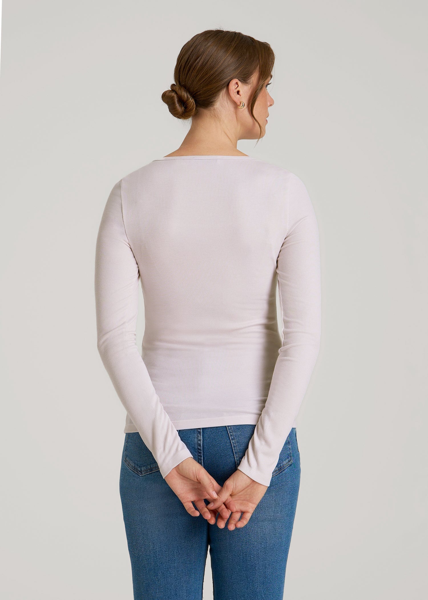 Long Sleeve Ribbed Square Neck Top for Tall Women in Grey Lilac