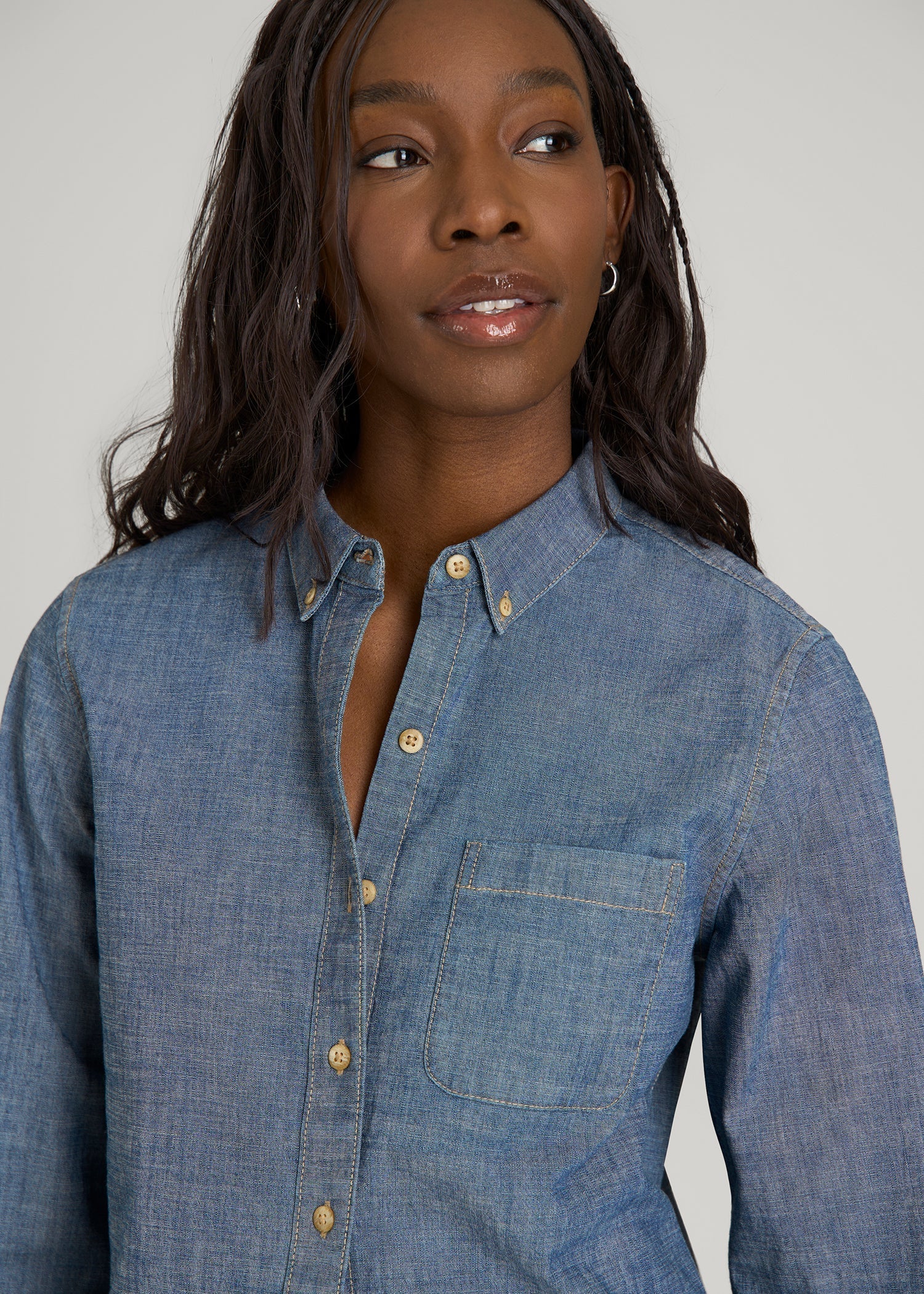 Stretch Chambray Shirt for Tall Women in Mid Blue Chambray