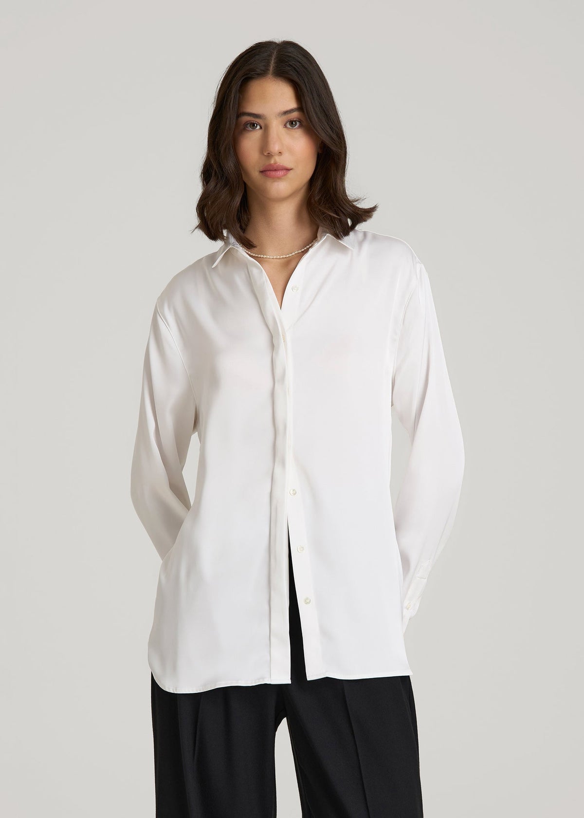 Relaxed Button-Up Blouse for Tall Women in Pearl White