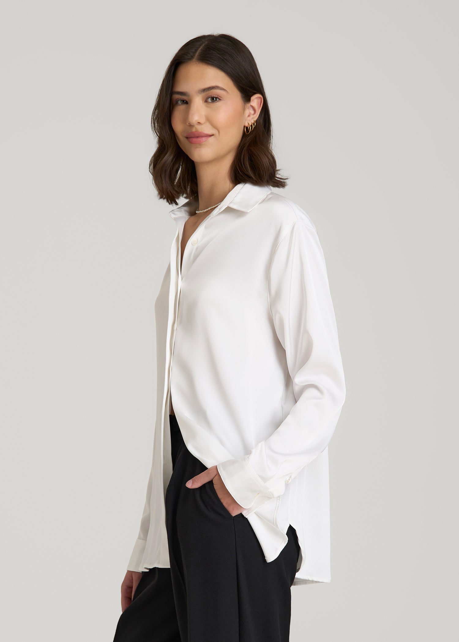 Relaxed Button-Up Blouse for Tall Women in Pearl White