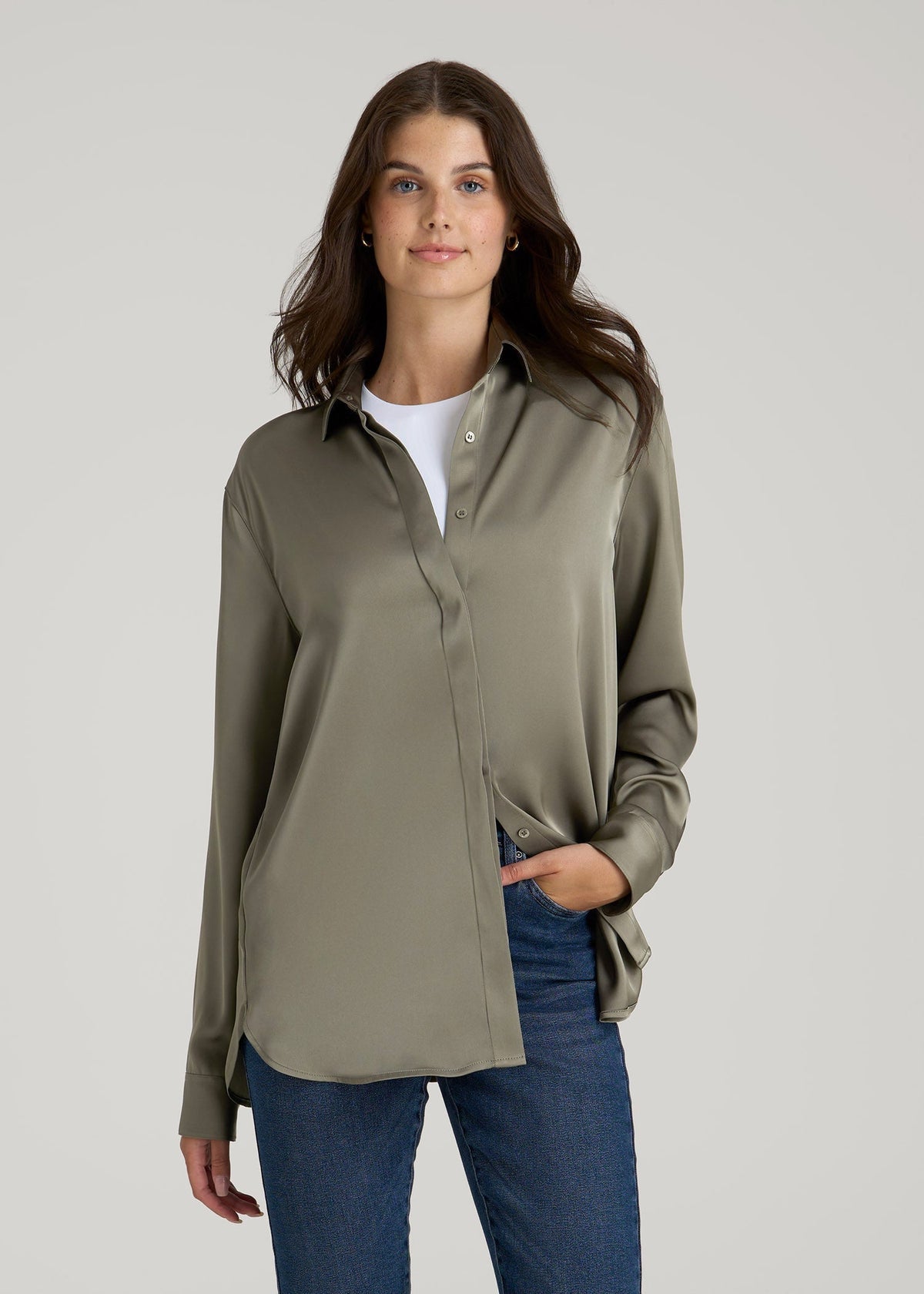 Relaxed Button-Up Blouse for Tall Women in Camper Green