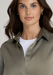 Relaxed Button-Up Blouse for Tall Women in Camper Green