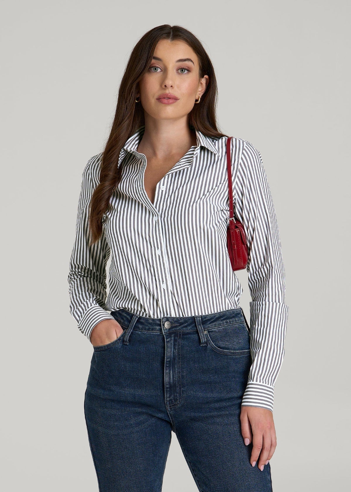 Slim Fit Button Up Shirt for Tall Women in Grey and White Stripe