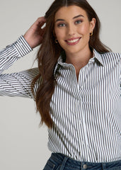 Slim Fit Button Up Shirt for Tall Women in Grey and White Stripe