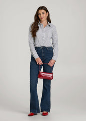 Slim Fit Button Up Shirt for Tall Women in Grey and White Stripe
