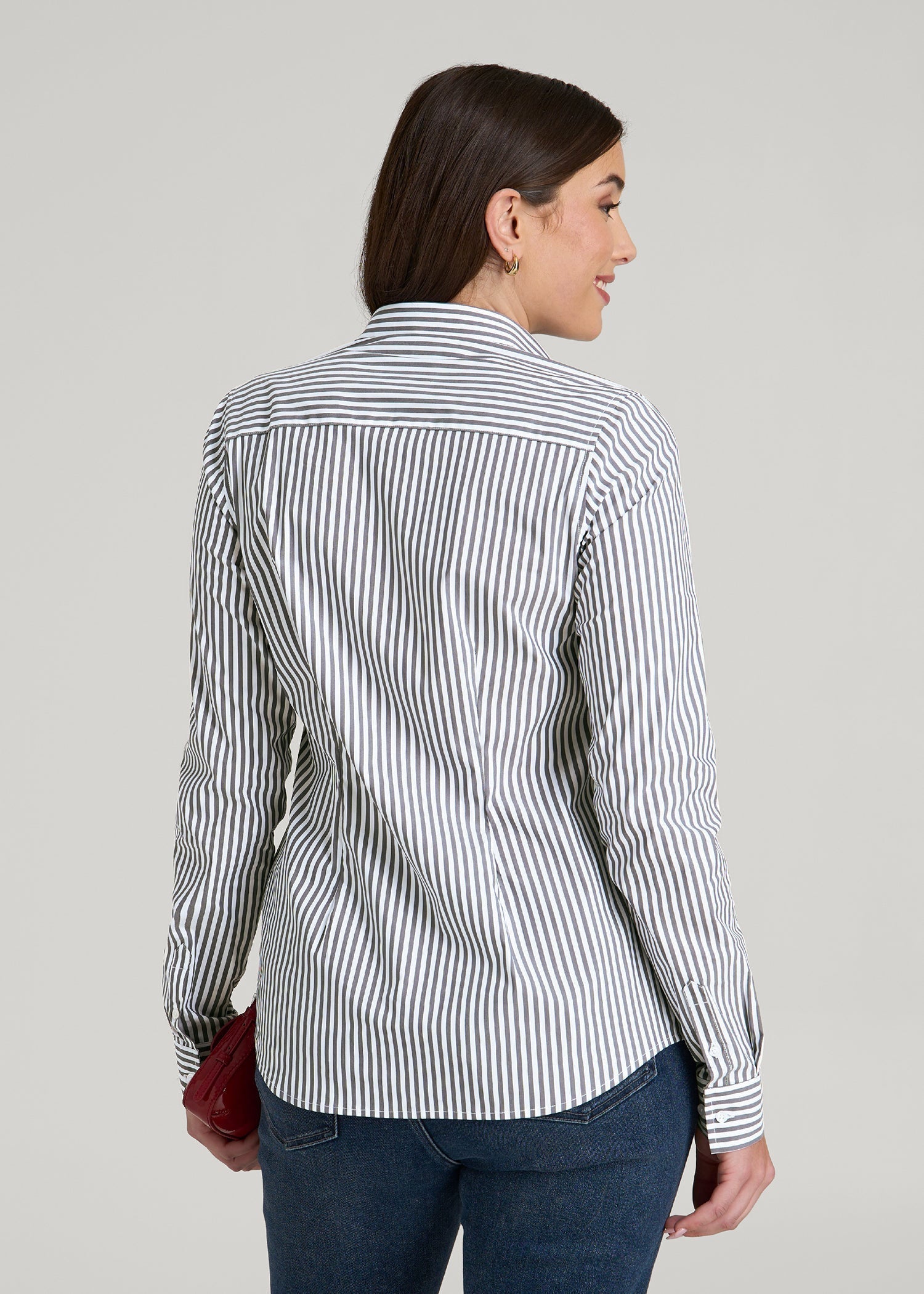 Slim Fit Button Up Shirt for Tall Women in Grey and White Stripe