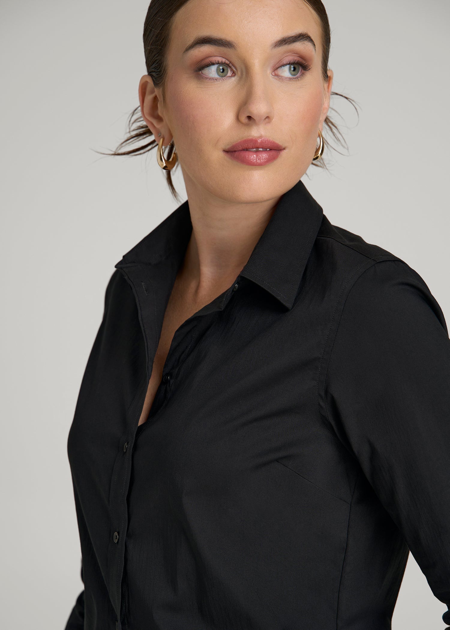 Slim Fit Button Up Shirt for Tall Women in Black