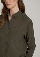 Relaxed Button-Up Single-Pocket Blouse for Tall Women in Forest Night