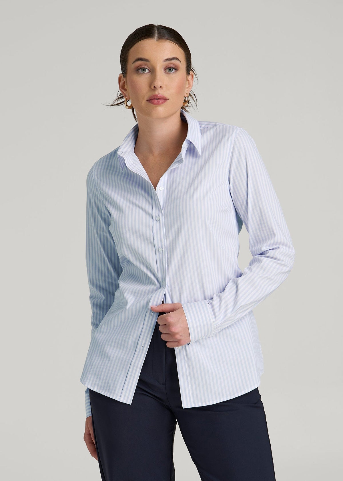 Slim Fit Button Up Shirt for Tall Women in Light Blue Stripe
