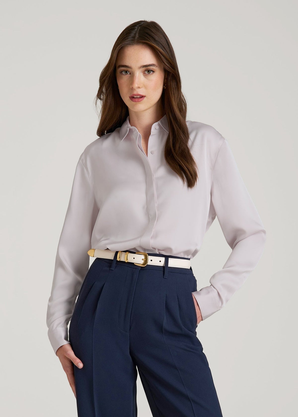 Relaxed Button-Up Blouse for Tall Women in Grey Lilac