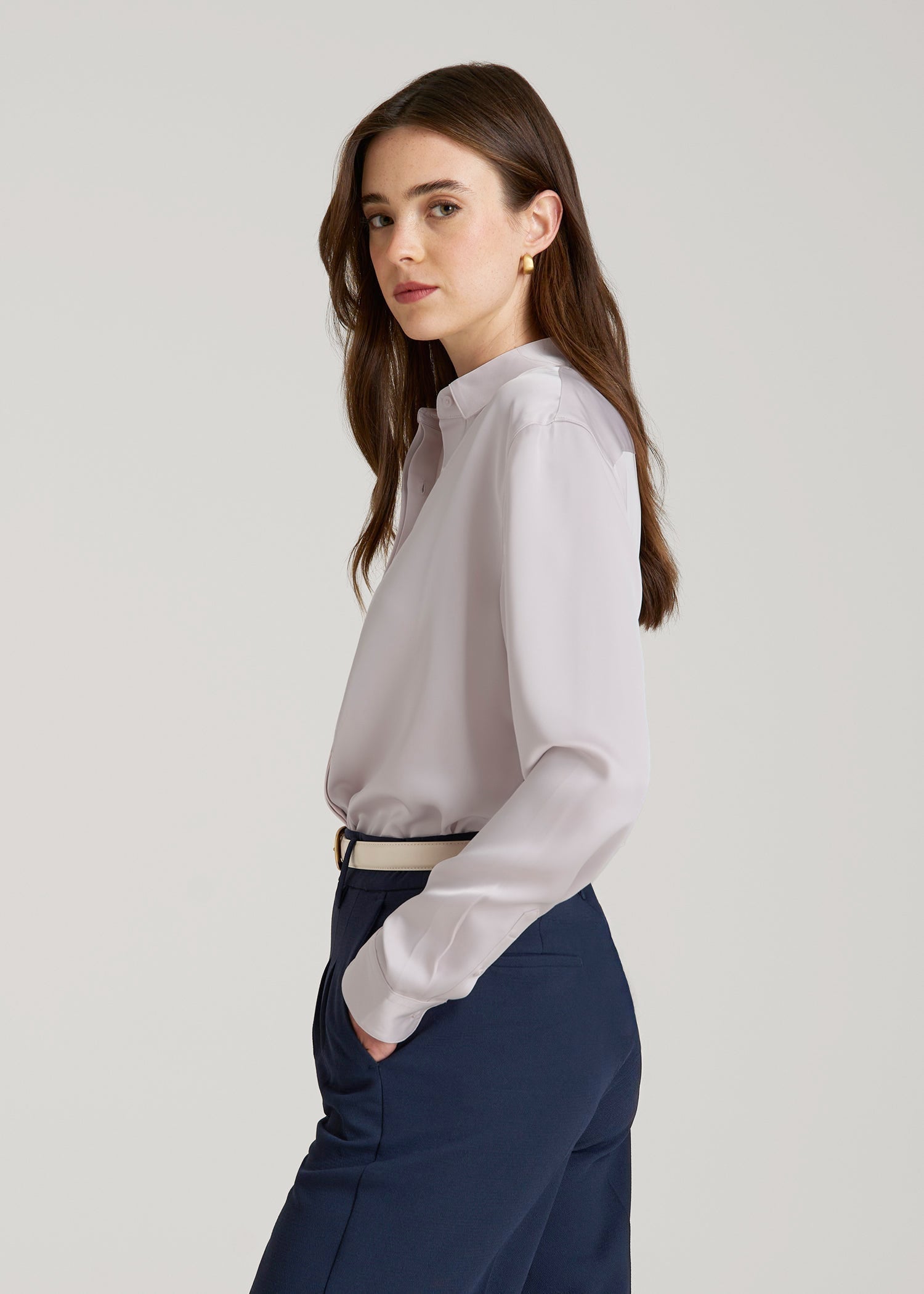Relaxed Button-Up Blouse for Tall Women in Grey Lilac