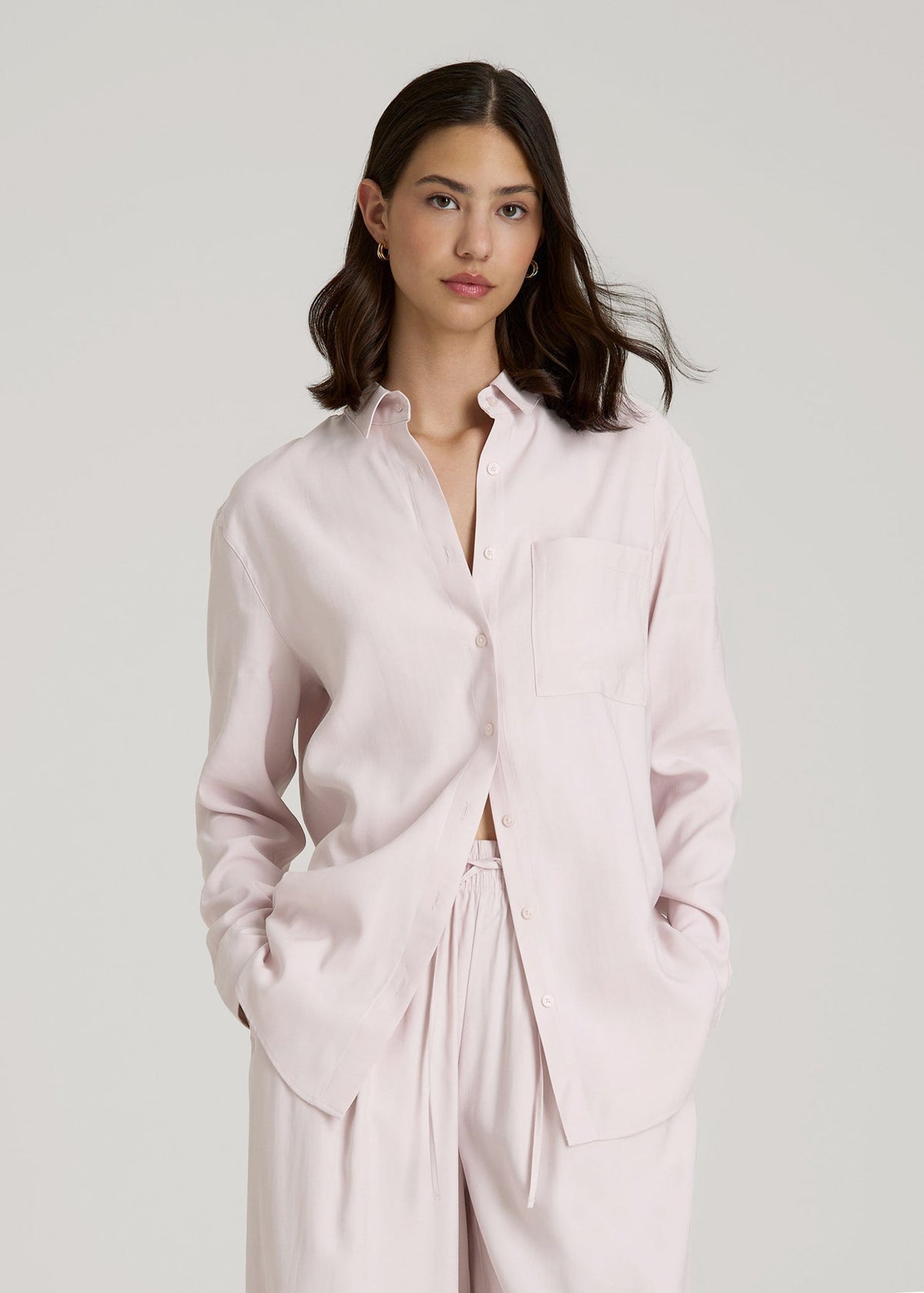 Relaxed Button-Up Single-Pocket Blouse for Tall Women in Grey Lilac