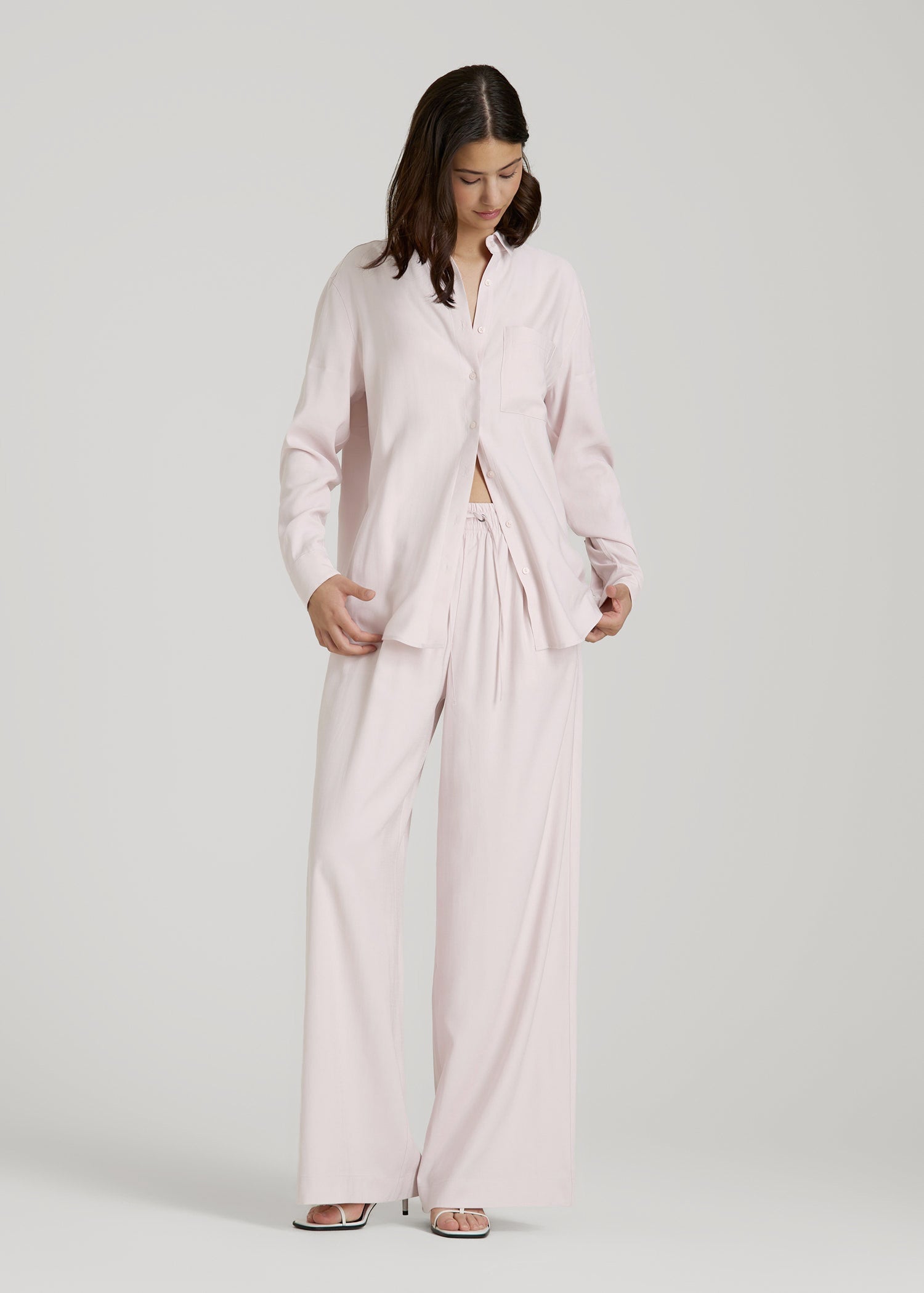 Relaxed Button-Up Single-Pocket Blouse for Tall Women in Grey Lilac
