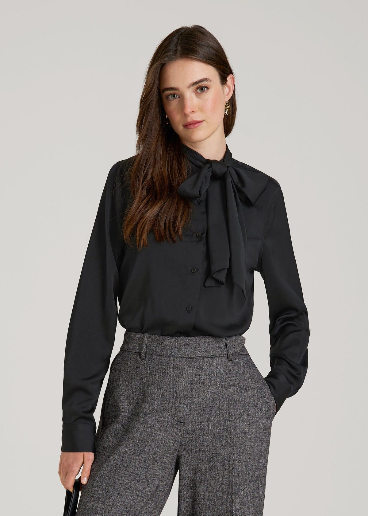 Satin Blouse With Bow for Tall Women in Black