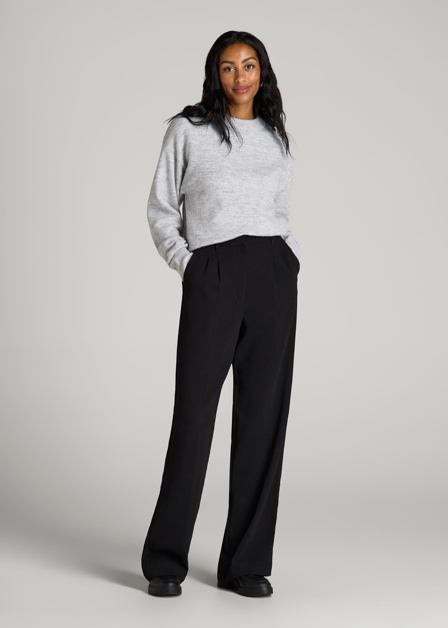 Relaxed Crewneck Wool Blend Sweater for Tall Women in Grey Mix