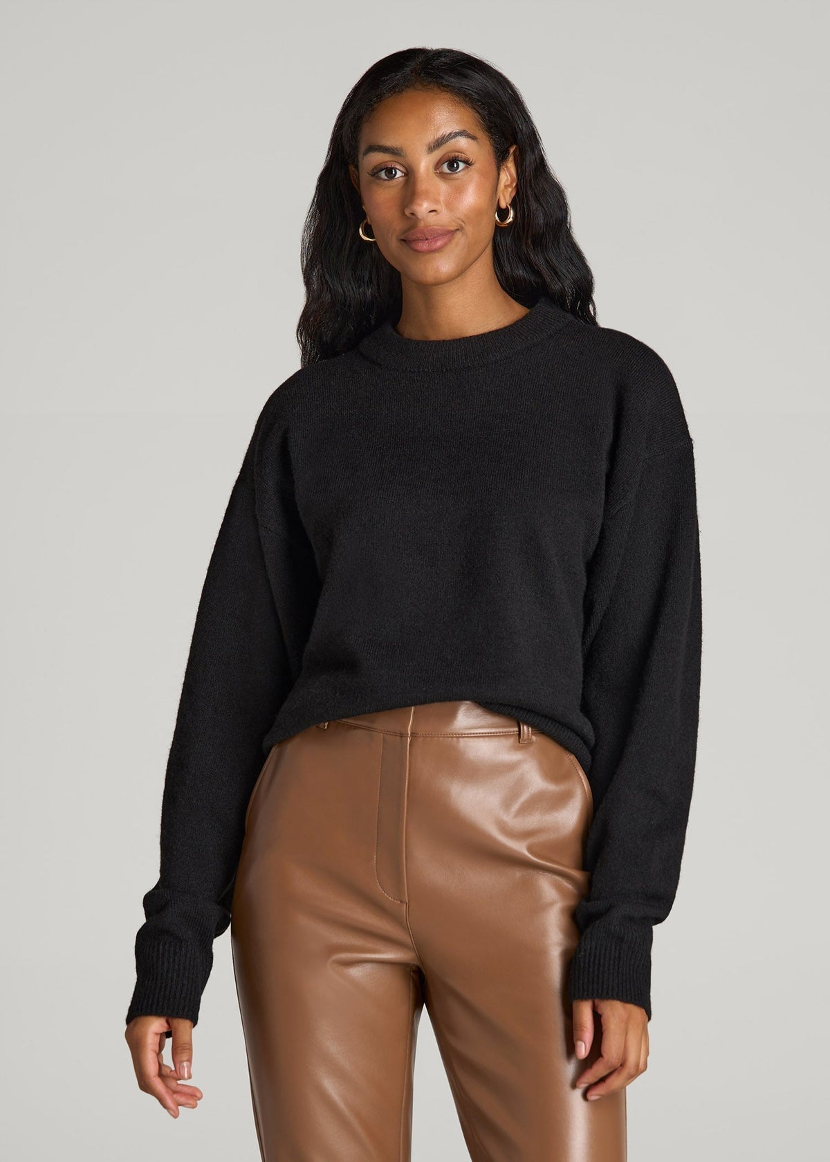 Relaxed Crewneck Wool Blend Sweater for Tall Women in Black