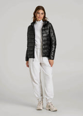 Packable Short Puffer Jacket for Tall Women in Glossy Black